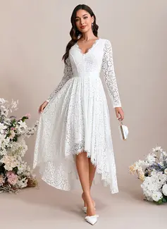 A-line V-Neck Ankle-Length Asymmetrical Lace Wedding Dress With Ruched 