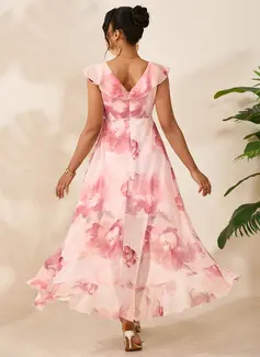 Ruffle Floral Print V-Neck Sleeveless A-line Chiffon Asymmetrical Maxi Dress 