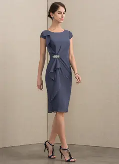 Linjeform Scoop Hals Knelengde Chiffong Kjole til brudens mor med Profilering Brusende Volanger 