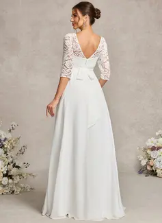 A-line Scoop Illusion Floor-Length Lace Chiffon Maternity Dresses With Bow 