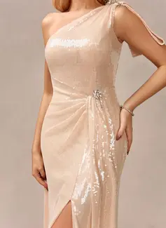 Sheath/Column One Shoulder Floor-Length Sequin Evening Dress With Crystal Brooch 