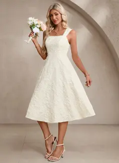 A-line Square Tea-Length Jacquard Wedding Dress 