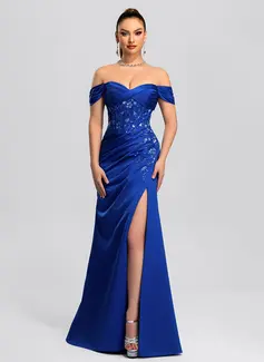 Skede Off-shoulder Gulvlængde Satin Balkjole med Plisseret pailletter Applikationer Lace 