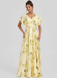 A-line V-Neck Floor-Length Matte Satin Bridesmaid Dress 