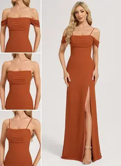 Sheath/Column Cold Shoulder Off the Shoulder Straight Floor-Length Chiffon Bridesmaid Dress 