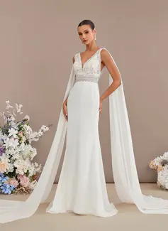 Trumpet/Mermaid V-Neck Sweep Train Lace Chiffon Wedding Dress With Sequins 