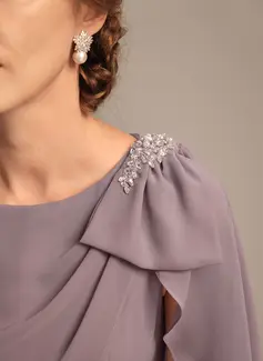 A-line Boat Neck Floor-Length Chiffon Mother of the Bride Dress With Beading Cape Sequins Pleated Bow 