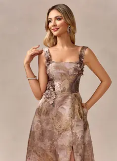 A-line Square Floor-Length Jacquard Evening Dress With 3D Floral 