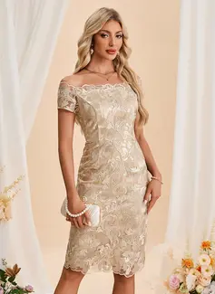 Embroidered Off the Shoulder Short Sleeve Sheath/Column Tulle Midi Dress 