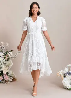 A-line V-Neck Tea-Length Lace Wedding Dress With Embroidered 