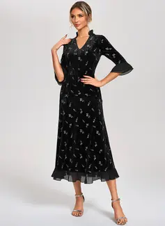 A-line V-Neck Tea-Length Velvet Cocktail Dress With Embroidered 