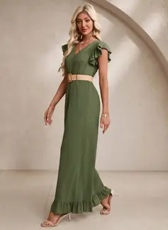 Ruffle V-Neck Flutter Sleeve Crepe Maxi Jumpsuits 