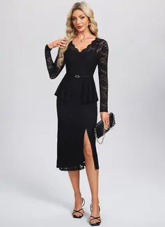 V-Neck Long Sleeve Sheath/Column Lace Midi Dress 