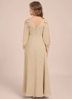 A-line V-Neck Floor-Length Chiffon Junior Bridesmaid Dress With Bow 