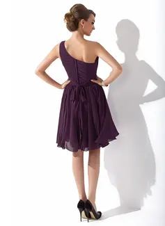 A-Linien-Kleid One-Shoulder Knielang Chiffon Brautjungfernkleid mit Schleife Rüschen 