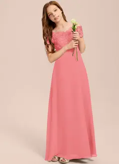 A-line kjole Kald skulder Gulvlengde Chiffon Blonder Brudepikekjole ungdom 