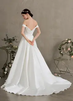 Robe marquise/princesse hors-la-épaule traîne moyenne satiné robe de mariée avec plissé brodé paillettes 