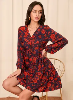 Frynse V-hals Lange ermer Avslappet A-line kjole Chiffong Mini Motekjoler 