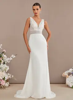 Trumpet/Mermaid V-Neck Sweep Train Lace Chiffon Wedding Dress With Sequins 