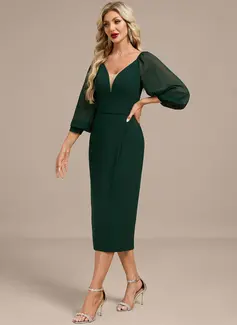 Sheath/Column V-Neck Tea-Length Chiffon Evening Dress With Pleated 