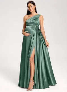 A-line One Shoulder Floor-Length Stretch Satin Maternity Dresses With Ruffle 