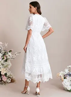 A-line V-Neck Tea-Length Lace Wedding Dress With Embroidered 