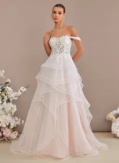 Ball-Gown/Princess Off the Shoulder Sweep Train Tulle Lace Wedding Dress With Sequins 