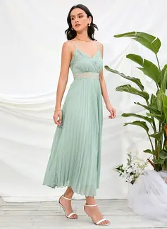 V-hals Ermeløs Sexy A-line kjole Chiffong Midi Ankel-lengde Motekjoler 