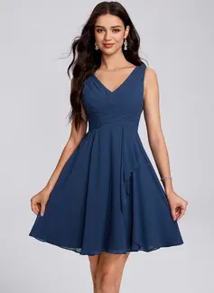 A-line V-Neck Short Chiffon Homecoming Dress With Bow Ruffle Ruched 