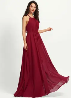 A-formet Scoop Hals Gulvlengde Brudepikekjole med Frynse 