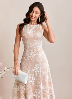 A-line Boat Neck Floor-Length Lace Wedding Dress With Embroidered 