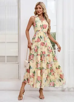 Floral Print Collared Sleeveless A-line Chiffon Maxi Dress 