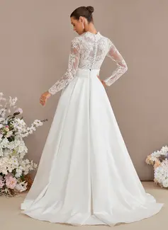 A-line High Neck Sweep Train Satin Lace Wedding Dress With Sequins 