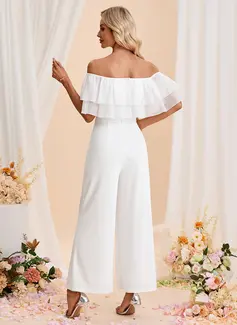 Off the Shoulder Short Sleeve Organza Stretch Crepe Maxi Jumpsuits 