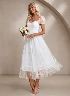 Embroidered Sweetheart Short Sleeve A-line Tulle Midi Dress 