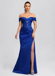 Skede Off-shoulder Gulvlængde Satin Balkjole med Plisseret pailletter Applikationer Lace 
