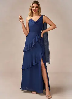 A-line Cowl Floor-Length Chiffon Evening Dress With Cascading Ruffles Cape 
