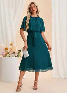Scoop Short Sleeve A-line Chiffon Midi Dress 