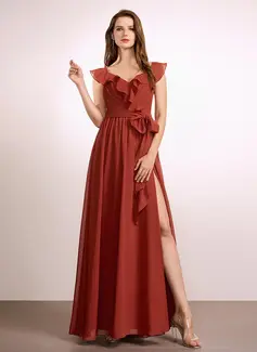 A-formet V-hals Gulvlengde Brudepikekjole med Frynse 