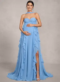 A-line Halter Sweep Train Chiffon Maternity Dresses With Crystal Brooch Cascading Ruffles 