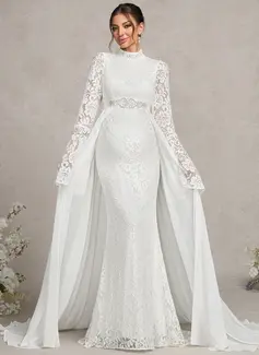 Trumpet/Mermaid High Neck Sweep Train Detachable Chiffon Lace Maternity Dresses With Beading 