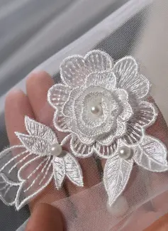 Floral Cut Edge Single Tier Tulle Bridal Cathedral Length Wedding Veils 