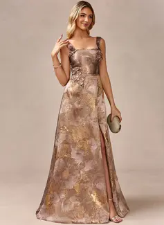 A-line Square Floor-Length Jacquard Evening Dress With 3D Floral 