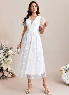 Embroidered V-Neck Short Sleeve A-line Lace Midi Dress 