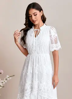 A-line V-Neck Tea-Length Lace Wedding Dress With Embroidered 