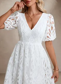 A-line V-Neck Knee-Length Lace Wedding Dress 