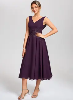 A-line V-Neck Tea-Length Chiffon Lace Cocktail Dress With Sequins 