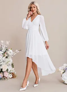 A-line V-Neck Tea-Length Asymmetrical Lace Chiffon Wedding Dress 