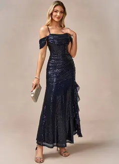 Ruffle Cold Shoulder Spaghetti Straps Trumpet/Mermaid Sequin Maxi Dress 