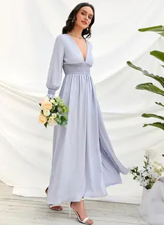 Splittet Front V-hals Lange ermer Elegant A-line kjole Satin Midi Motekjoler 